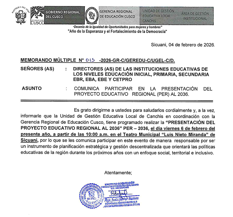 COMUNICA PARTICIPAR EN LA PRESENTACIÓN DEL PROYECTO EDUCATIVO REGIONAL (PER) AL 2036.